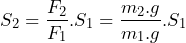 \[ S_2=\frac{F_2}{F_1}.S_1=\frac{m_2.g}{m_1.g}.S_1 \]