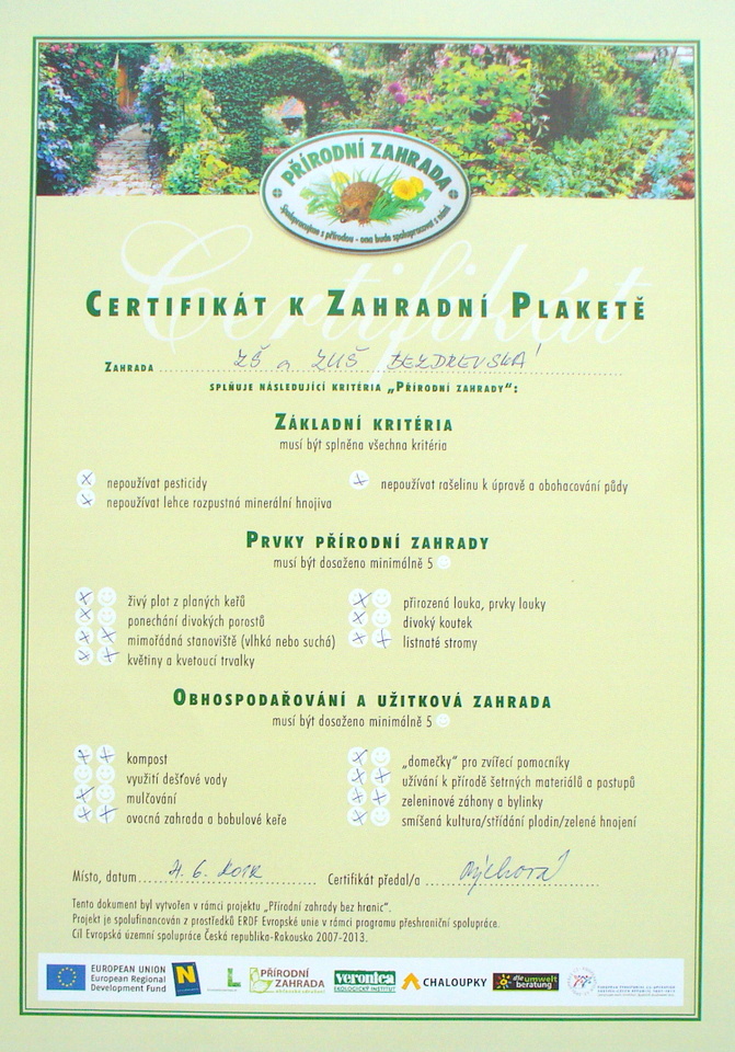 certifikát přírodní zahrada